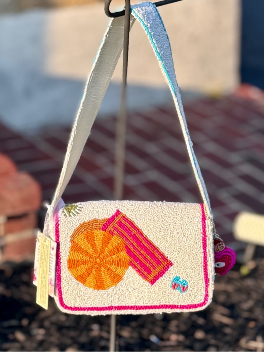 Coastal Beaded Shoulder Bag Crab Shell Beach Evil Eye Icons Matching Bag Charm - Picture 4 of 11
